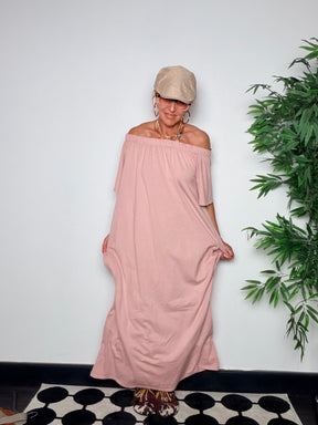 Abito Maxi Off-Shoulder Cotone Fluido — Nero / Bianco / Moro / Rosa / Bordeaux/verde