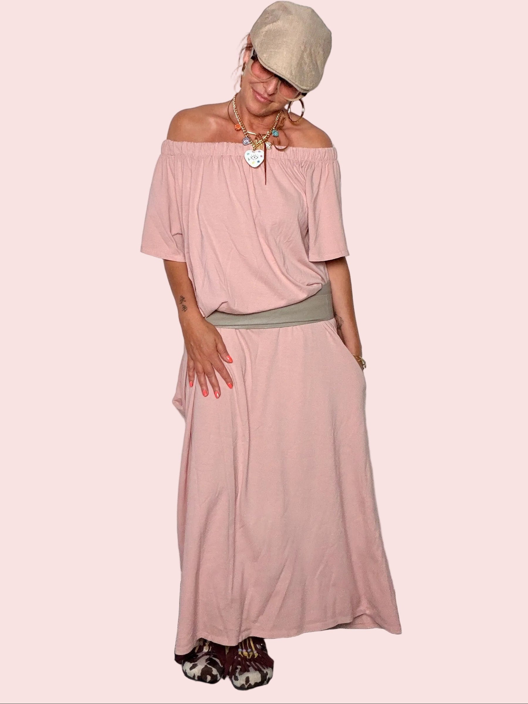 Abito Maxi Off-Shoulder Cotone Fluido — Nero / Bianco / Moro / Rosa / Bordeaux/verde