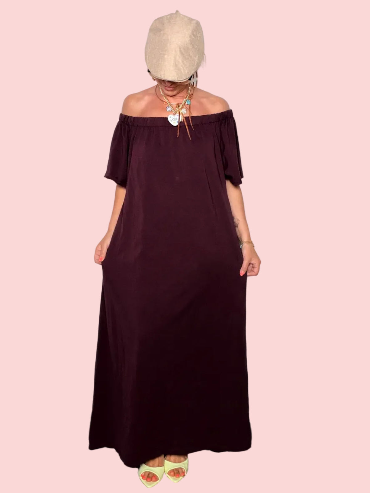 Abito Maxi Off-Shoulder Cotone Fluido — Nero / Bianco / Moro / Rosa / Bordeaux/