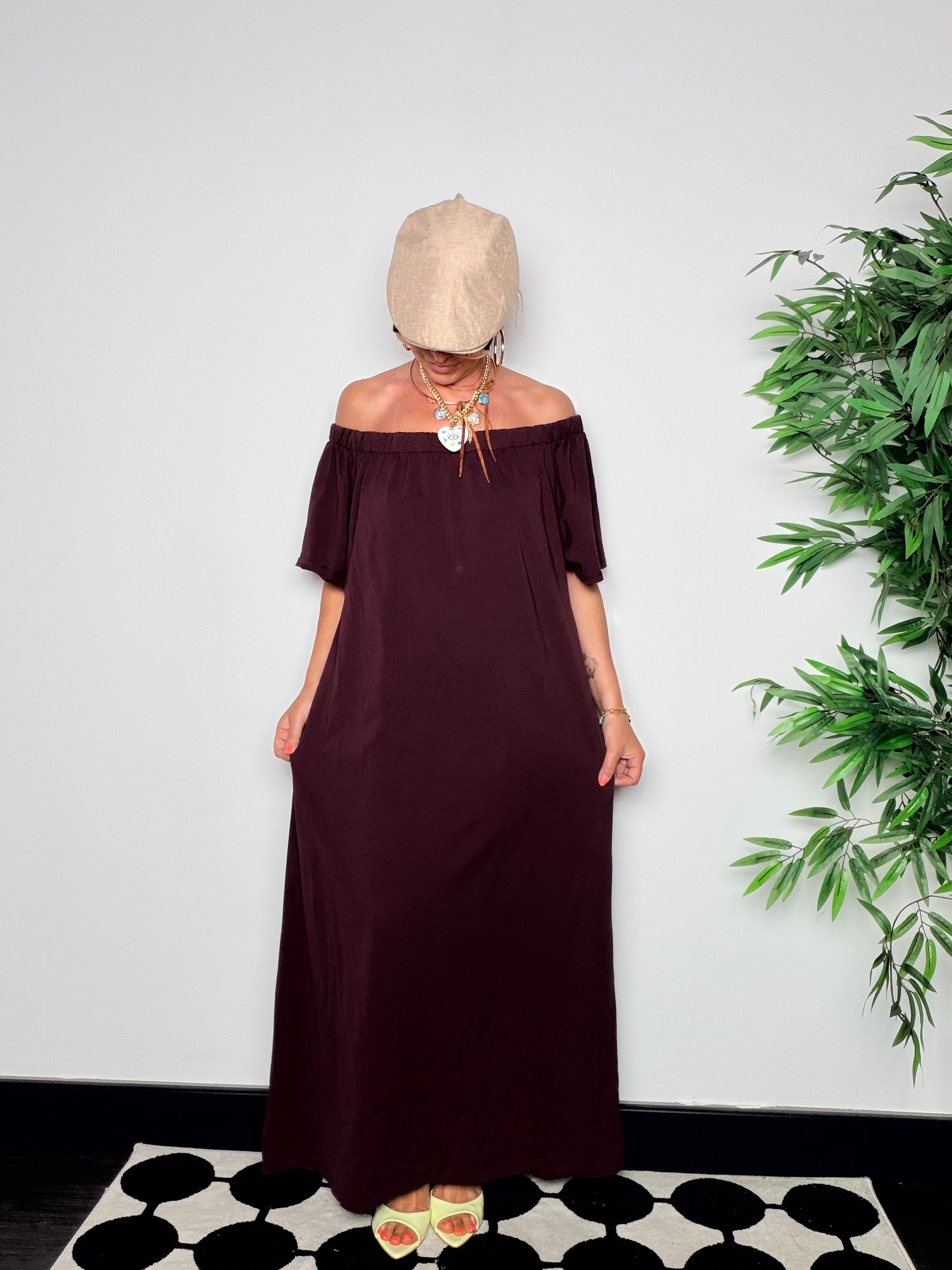 Abito Maxi Off-Shoulder Cotone Fluido — Nero / Bianco / Moro / Rosa / Bordeaux/verde