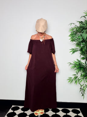 Abito Maxi Off-Shoulder Cotone Fluido — Nero / Bianco / Moro / Rosa / Bordeaux/verde