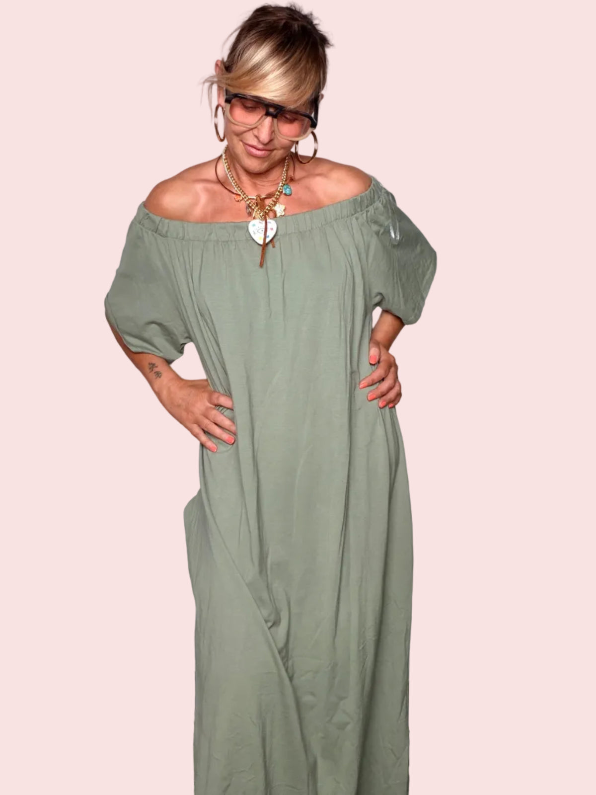 Abito Maxi Off-Shoulder Cotone Fluido — Nero / Bianco / Moro / Rosa / Bordeaux/verde