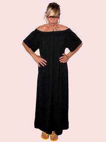 Abito Maxi Off-Shoulder Cotone Fluido — Nero / Bianco / Moro / Rosa / Bordeaux/verde