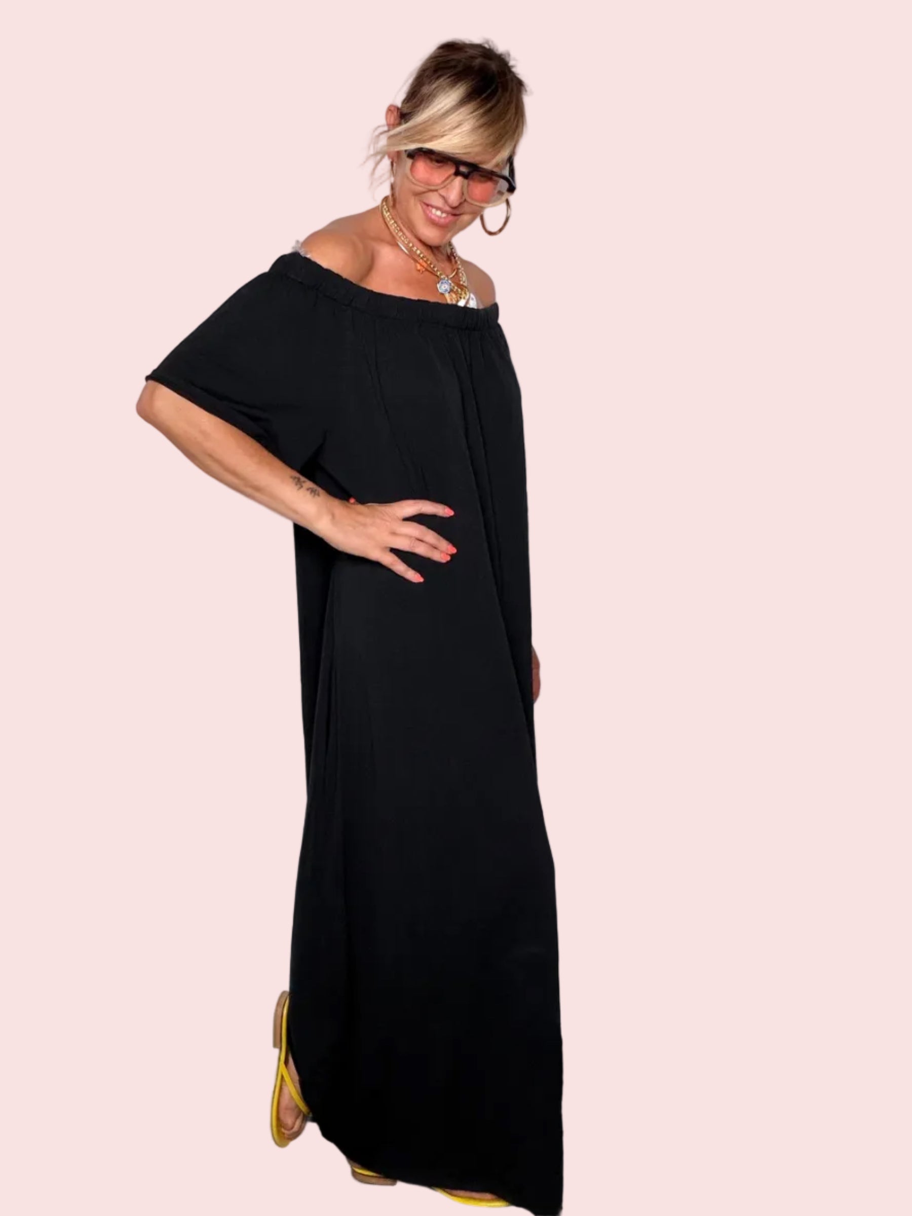 Abito Maxi Off-Shoulder Cotone Fluido — Nero / Bianco / Moro / Rosa / Bordeaux/verde
