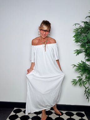 Abito Maxi Off-Shoulder Cotone Fluido — Nero / Bianco / Moro / Rosa / Bordeaux/verde