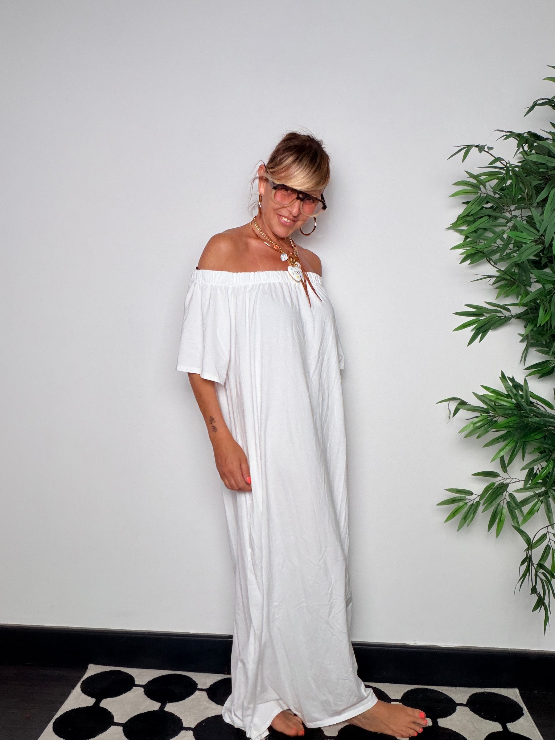 Abito Maxi Off-Shoulder Cotone Fluido — Nero / Bianco / Moro / Rosa / Bordeaux/verde