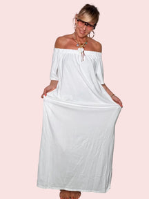 Abito Maxi Off-Shoulder Cotone Fluido — Nero / Bianco / Moro / Rosa / Bordeaux/verde
