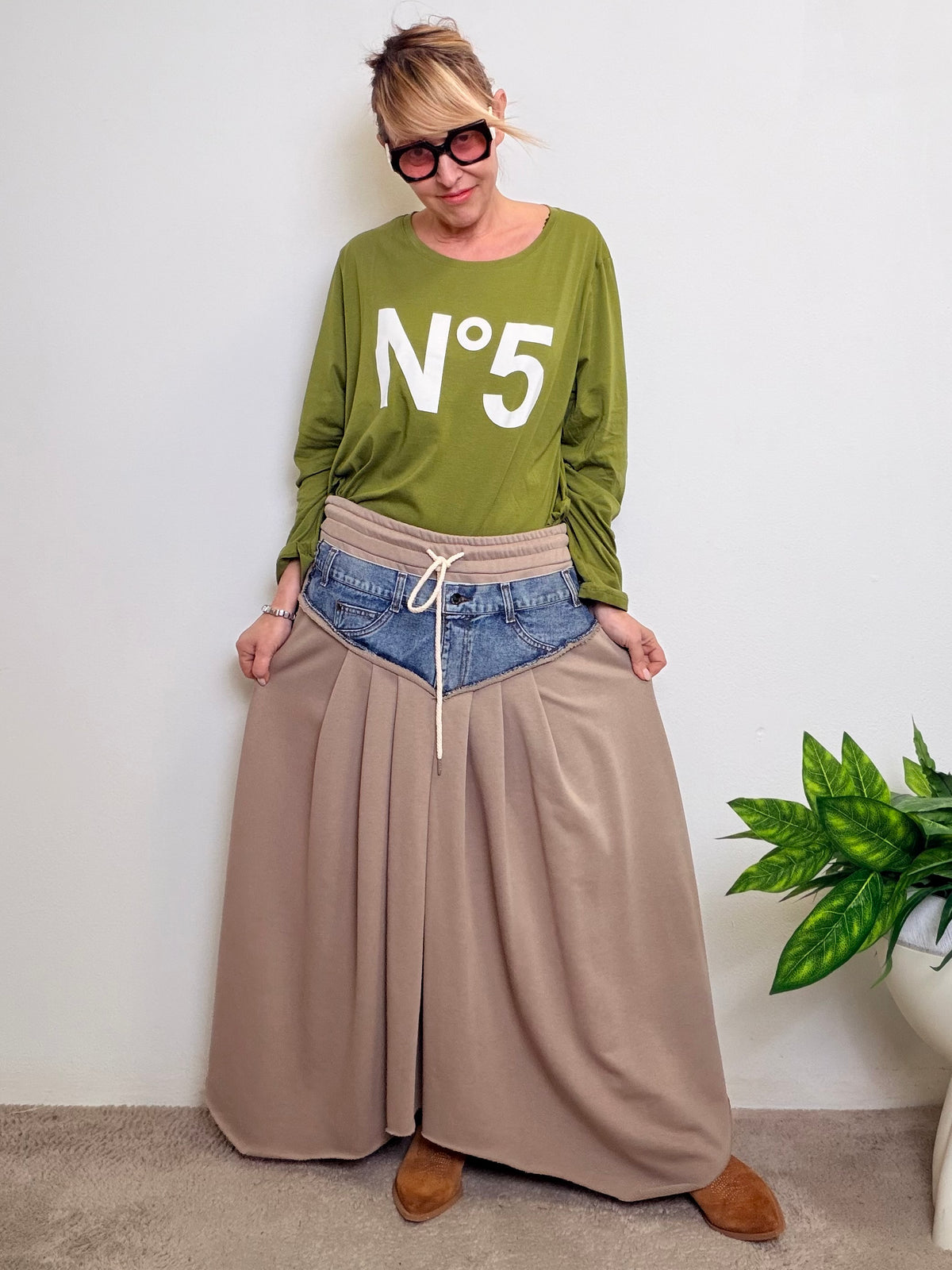 Gonna maxi oversize in felpa con inserto jeans vintage