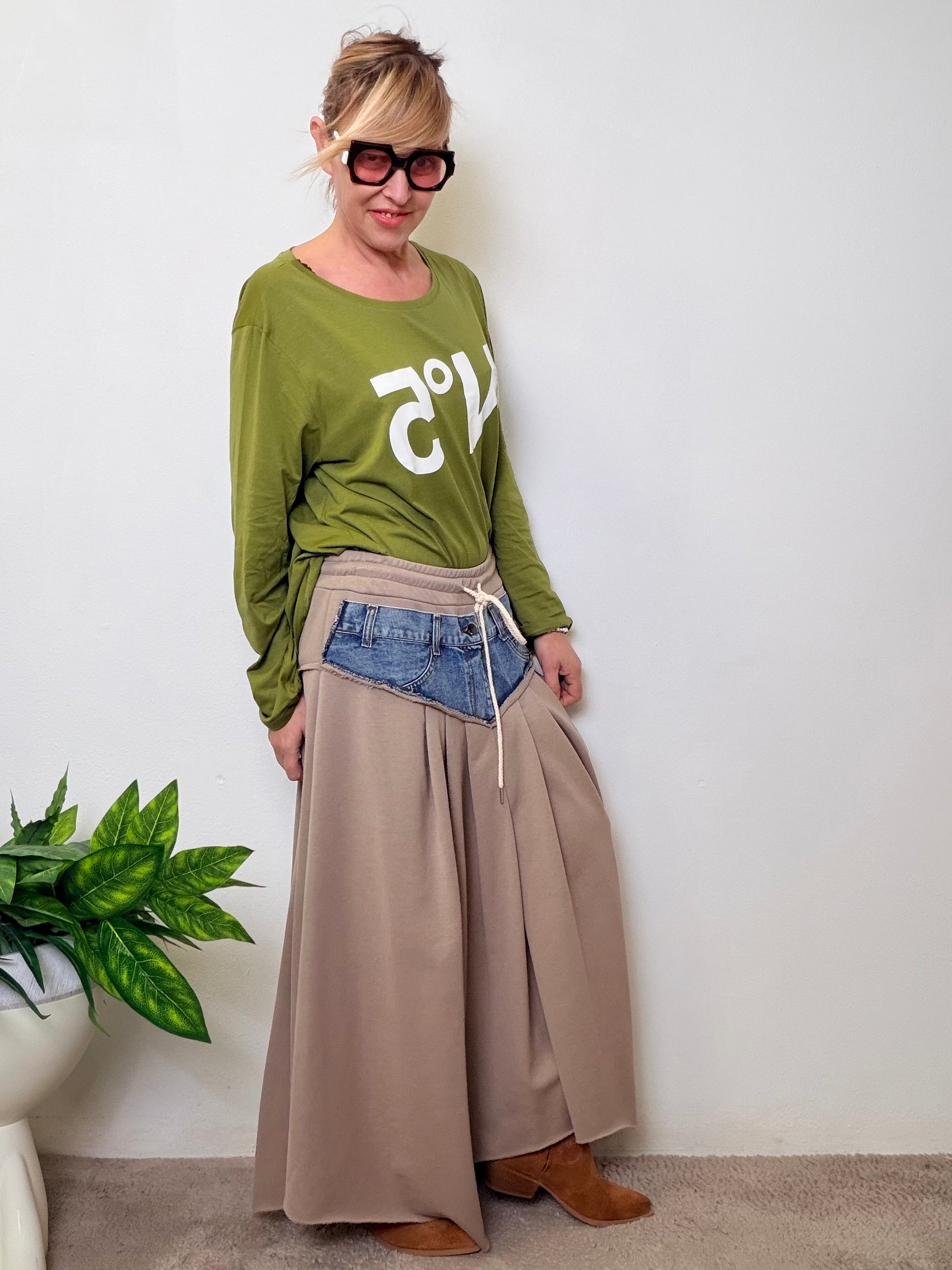 Gonna maxi oversize in felpa con inserto jeans vintage