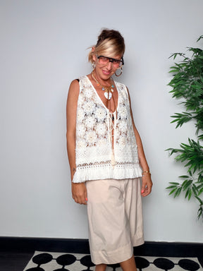 Gilet Crochet Macramé con Frange e Laccetti — Panna