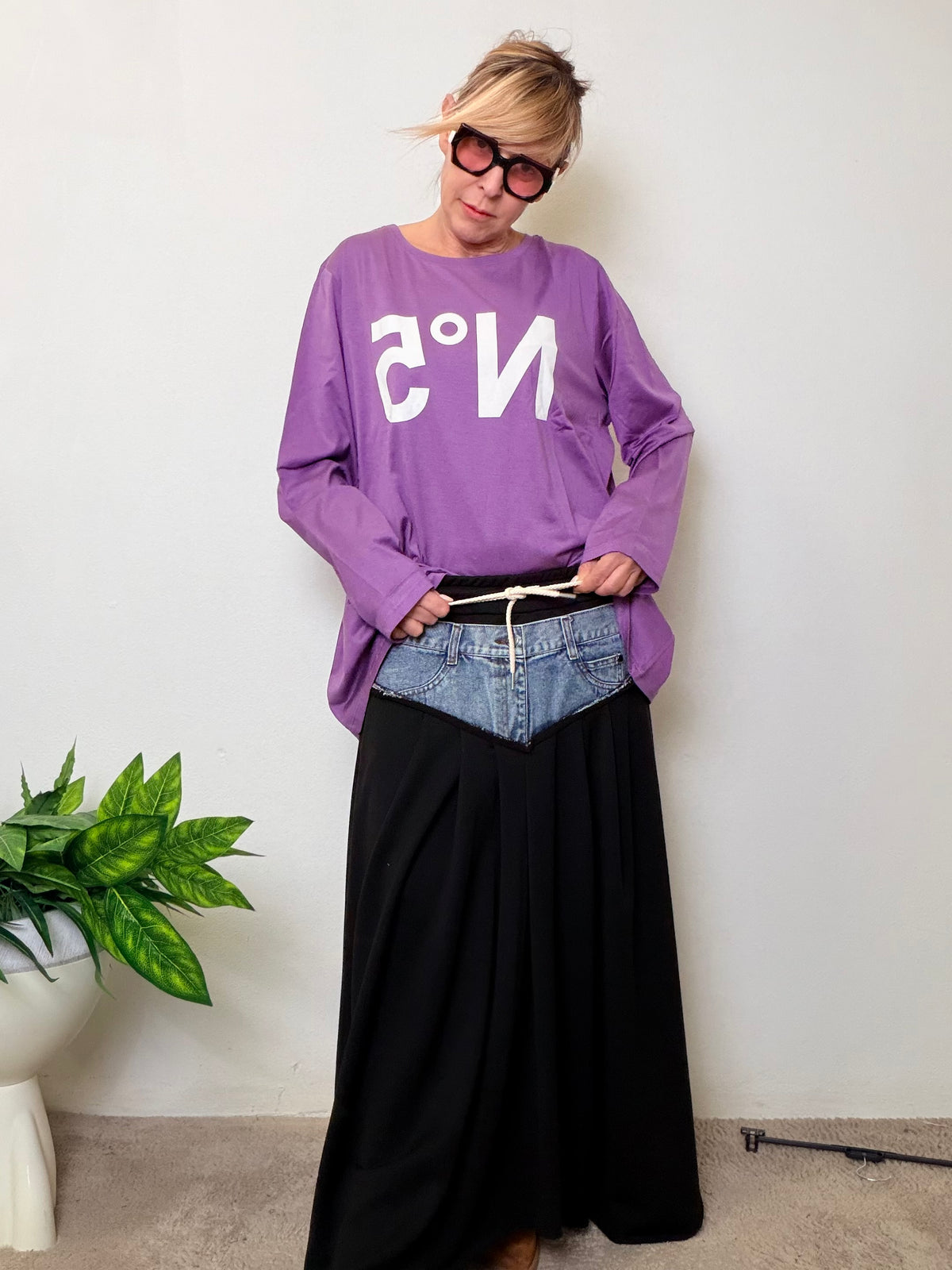 Gonna maxi oversize in felpa con inserto jeans vintage