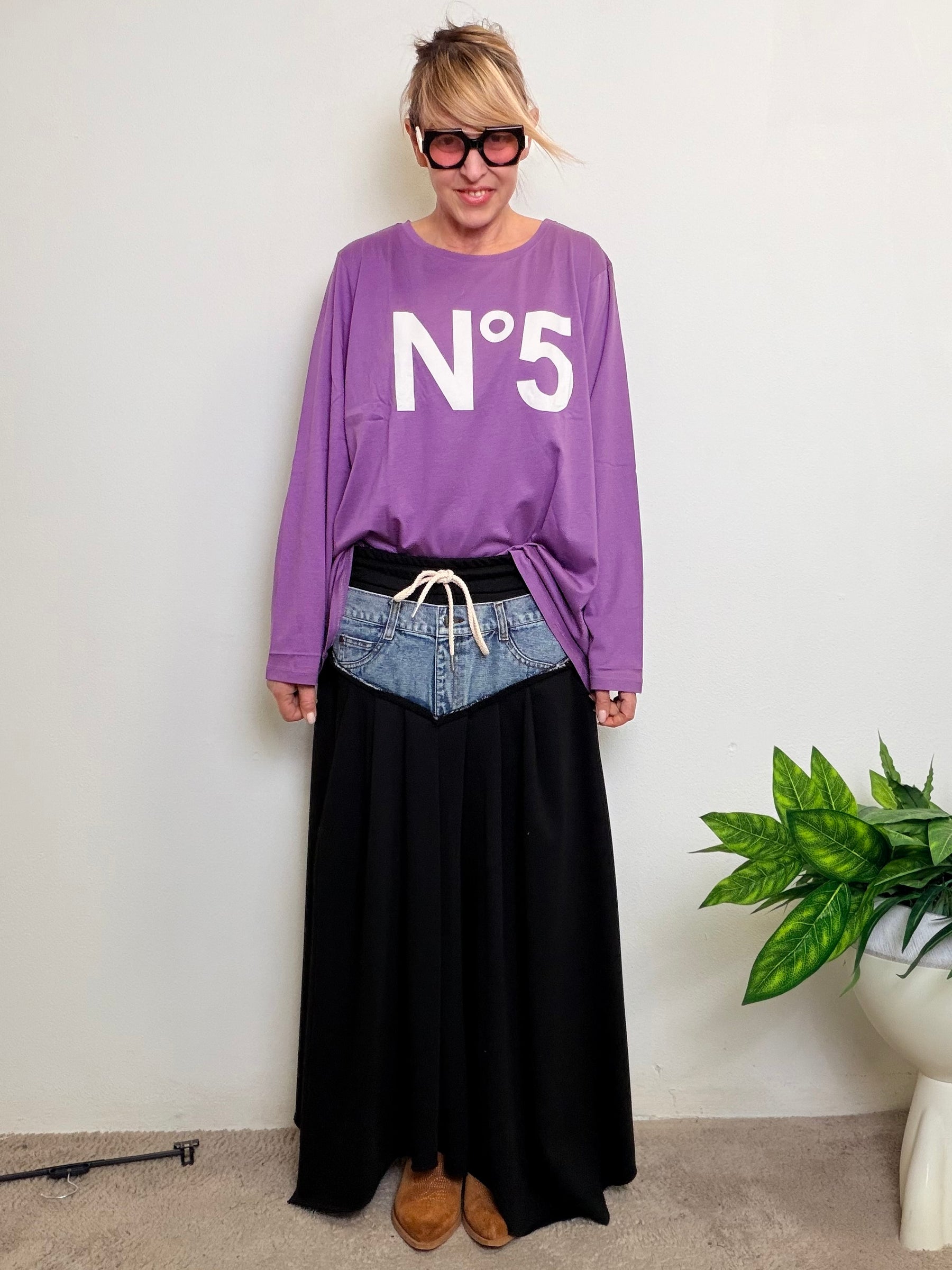 Gonna maxi oversize in felpa con inserto jeans vintage