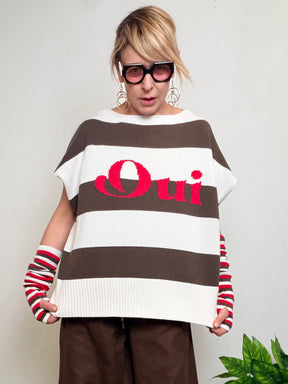 Maglia oversize a righe larghe con scritta "Oui" e manicotti abbinati