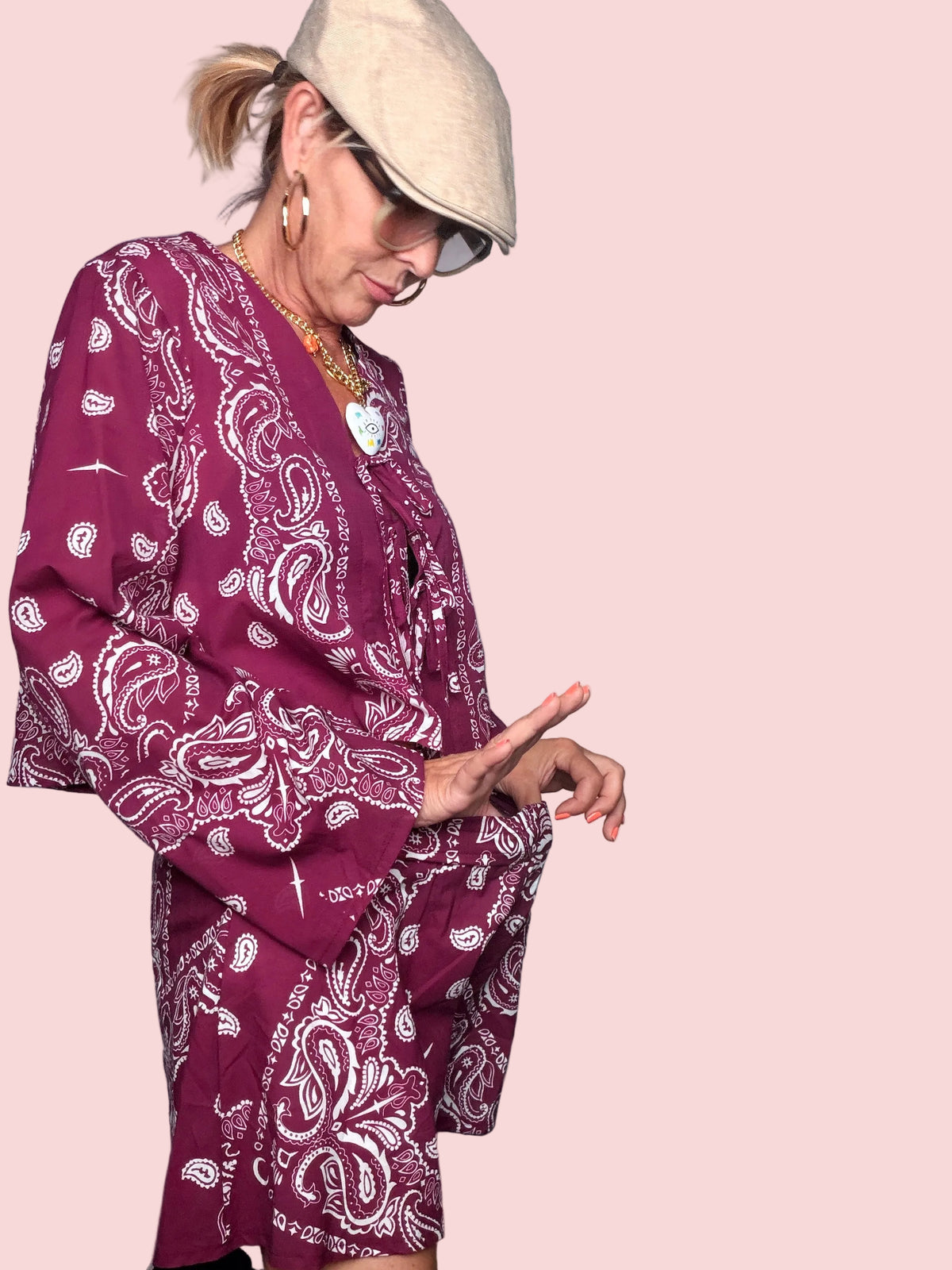 Camicia Kimono Stampa Paisley Bordeaux