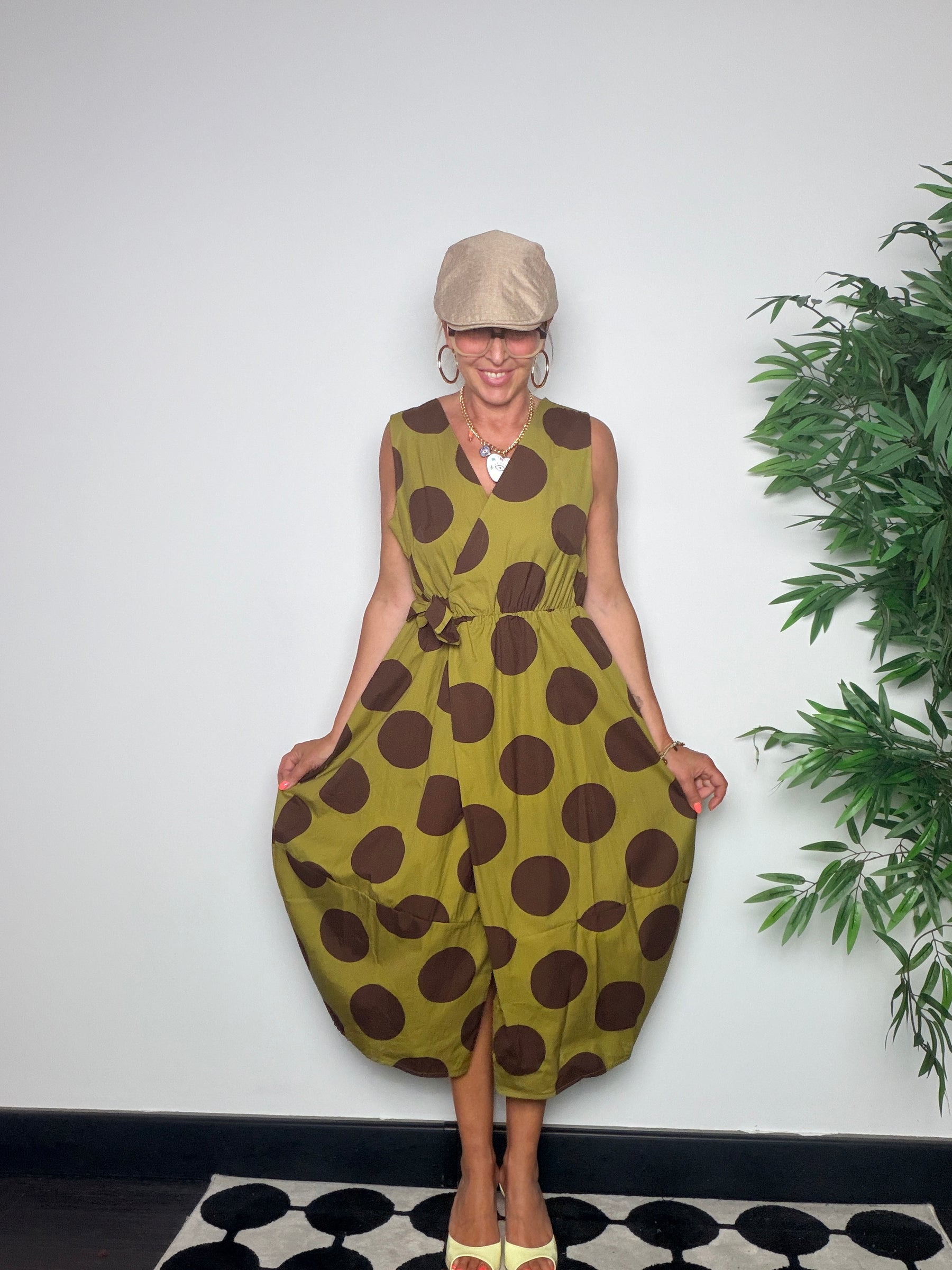 Abito Balloon in Cotone con Maxi Pois e Scollo a V Incrociato