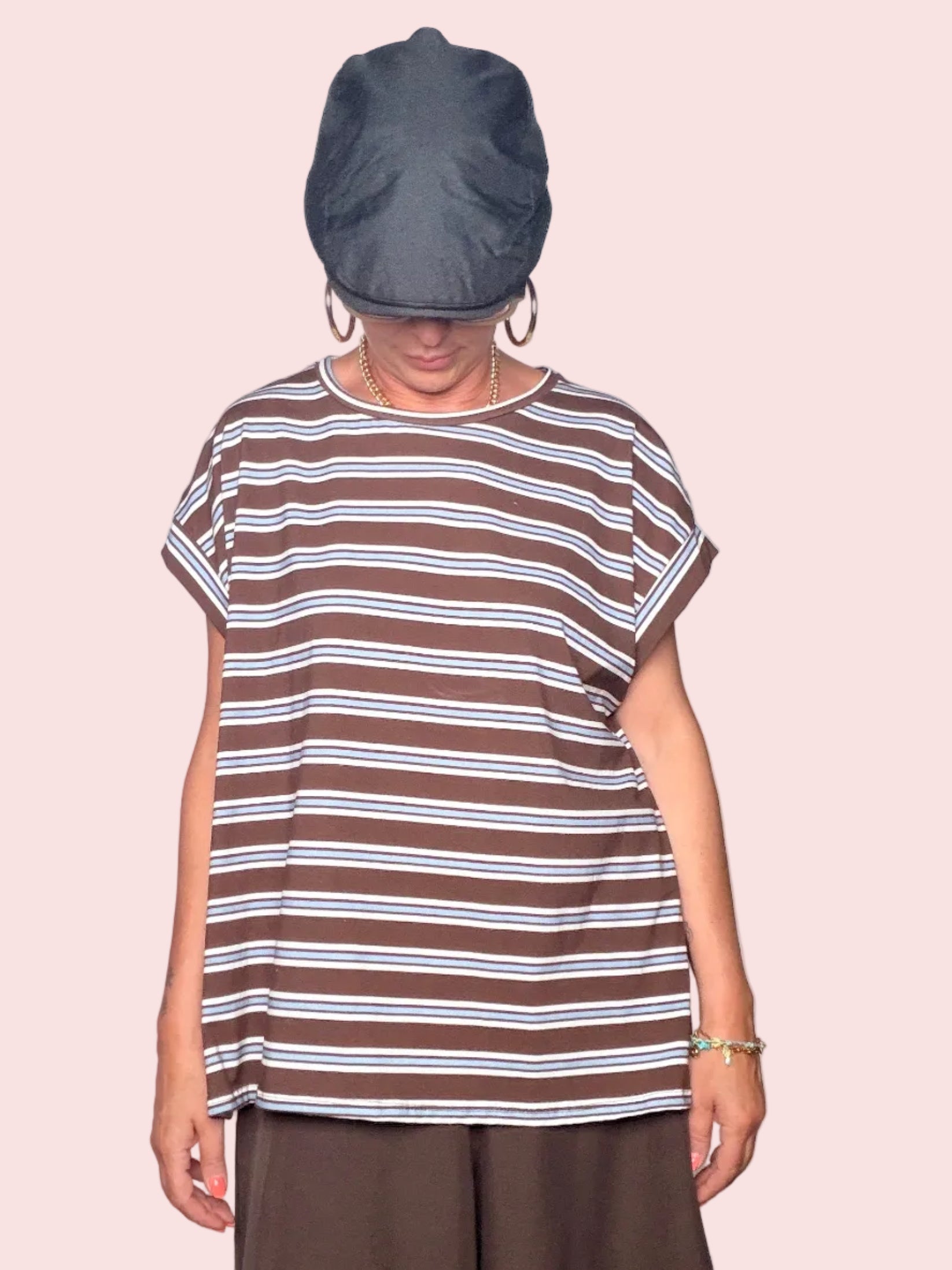 T-Shirt Oversize a Righe Maxi — Cioccolato / Bianco / Azzurro