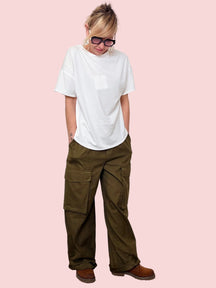 Pantaloni Cargo Verde Militare con Cintura a Corda