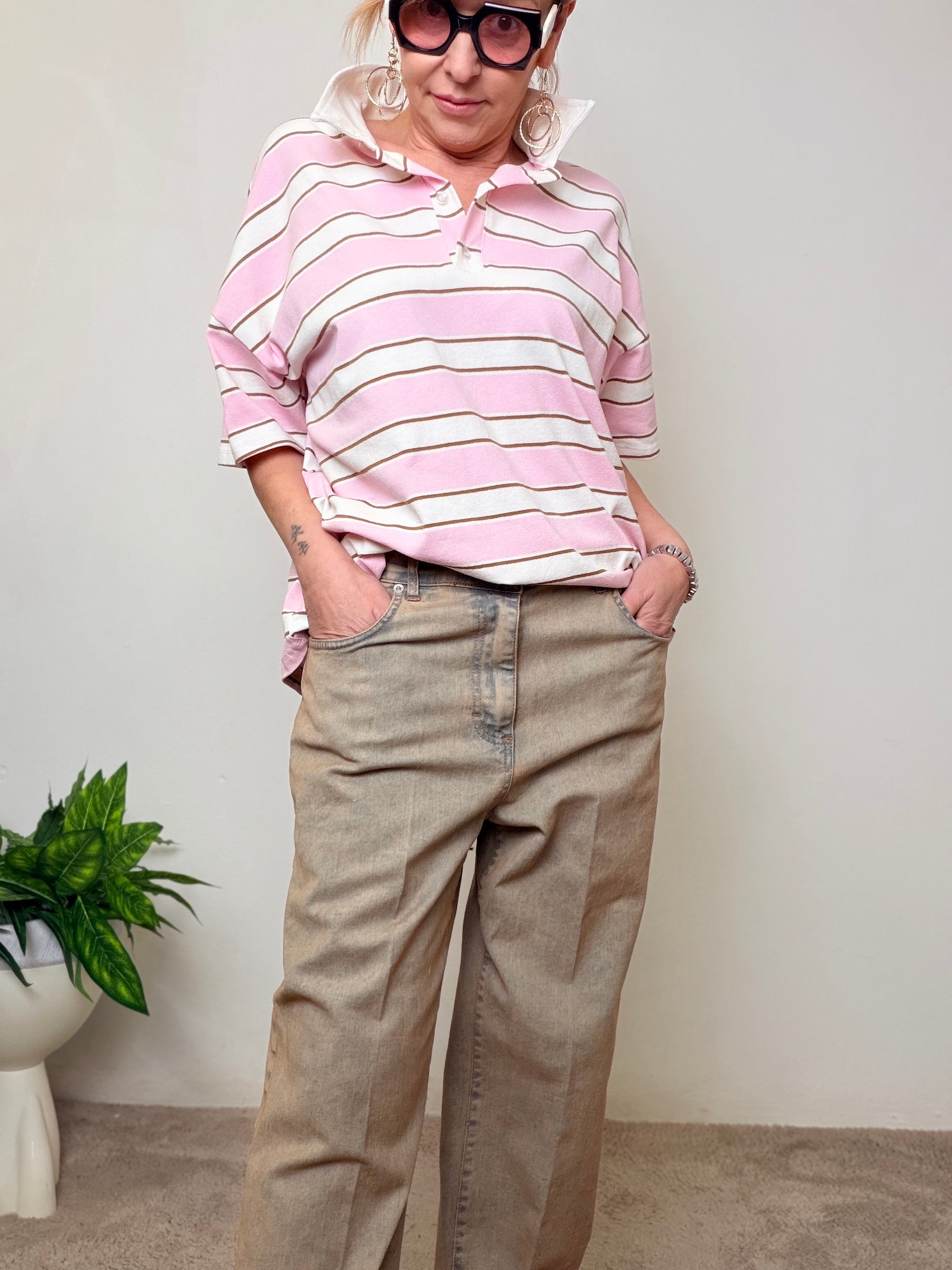 Jeans Beige a Gamba Dritta con Risvolto