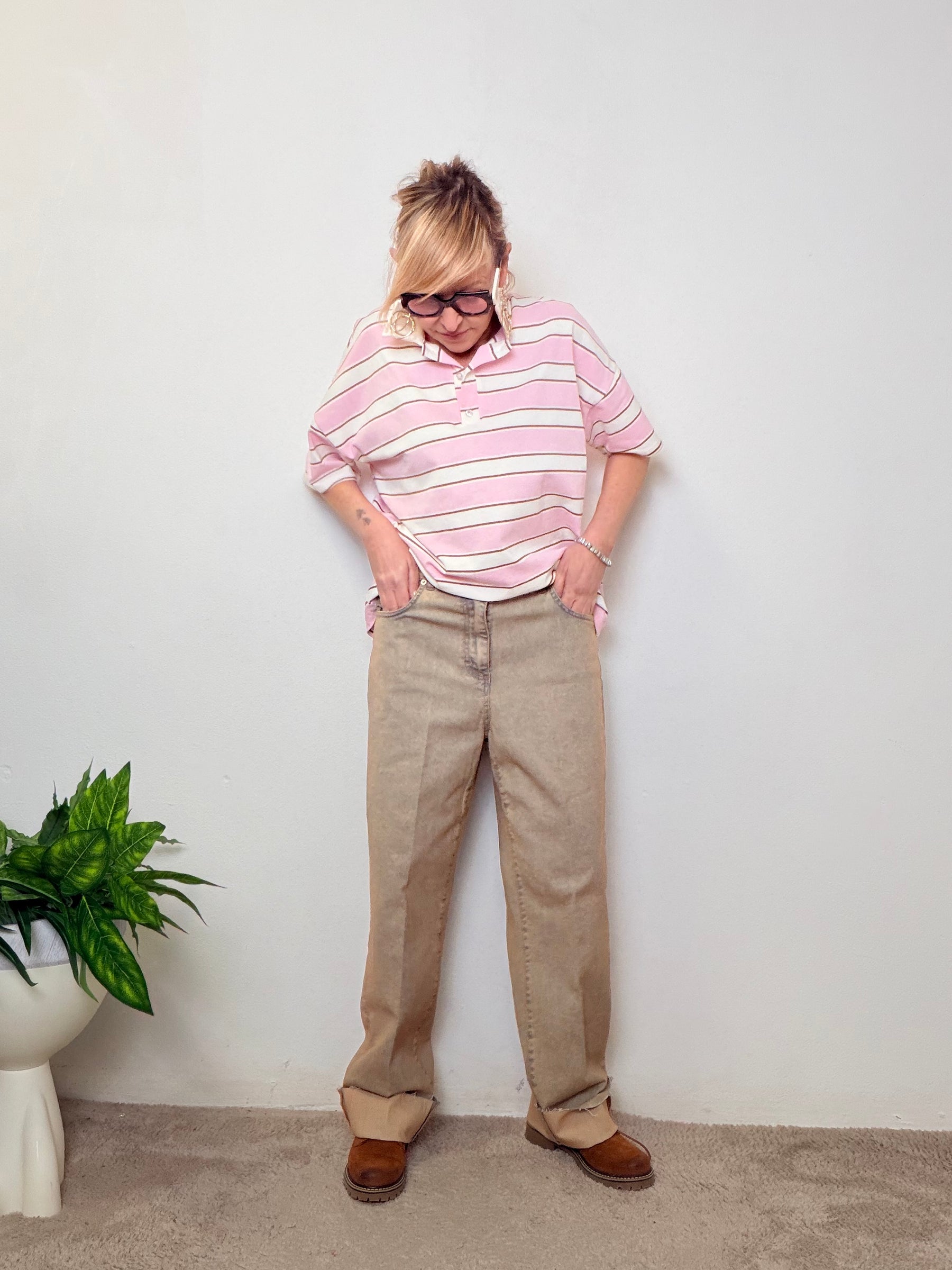 Jeans Beige a Gamba Dritta con Risvolto