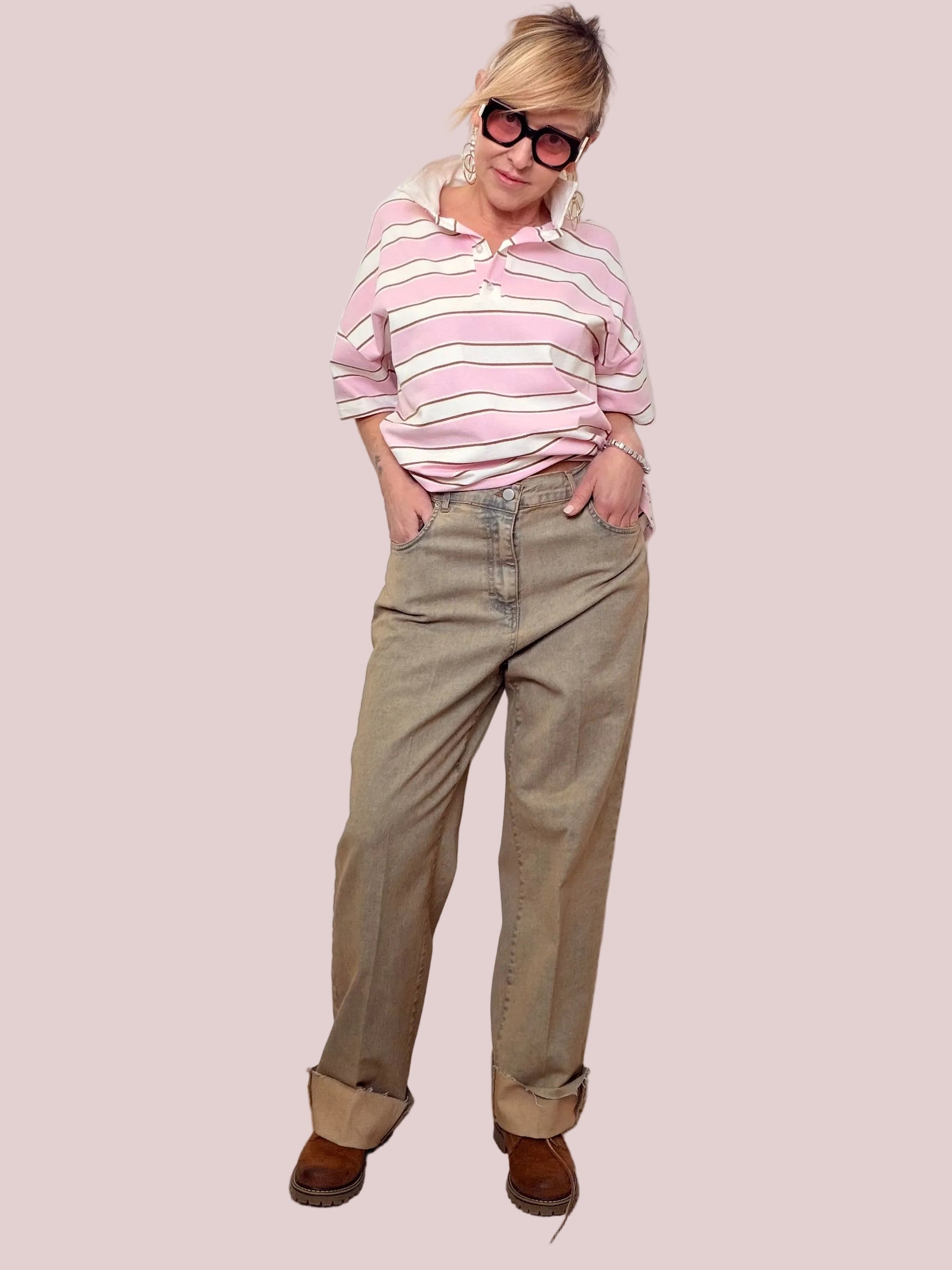 Jeans Beige a Gamba Dritta con Risvolto