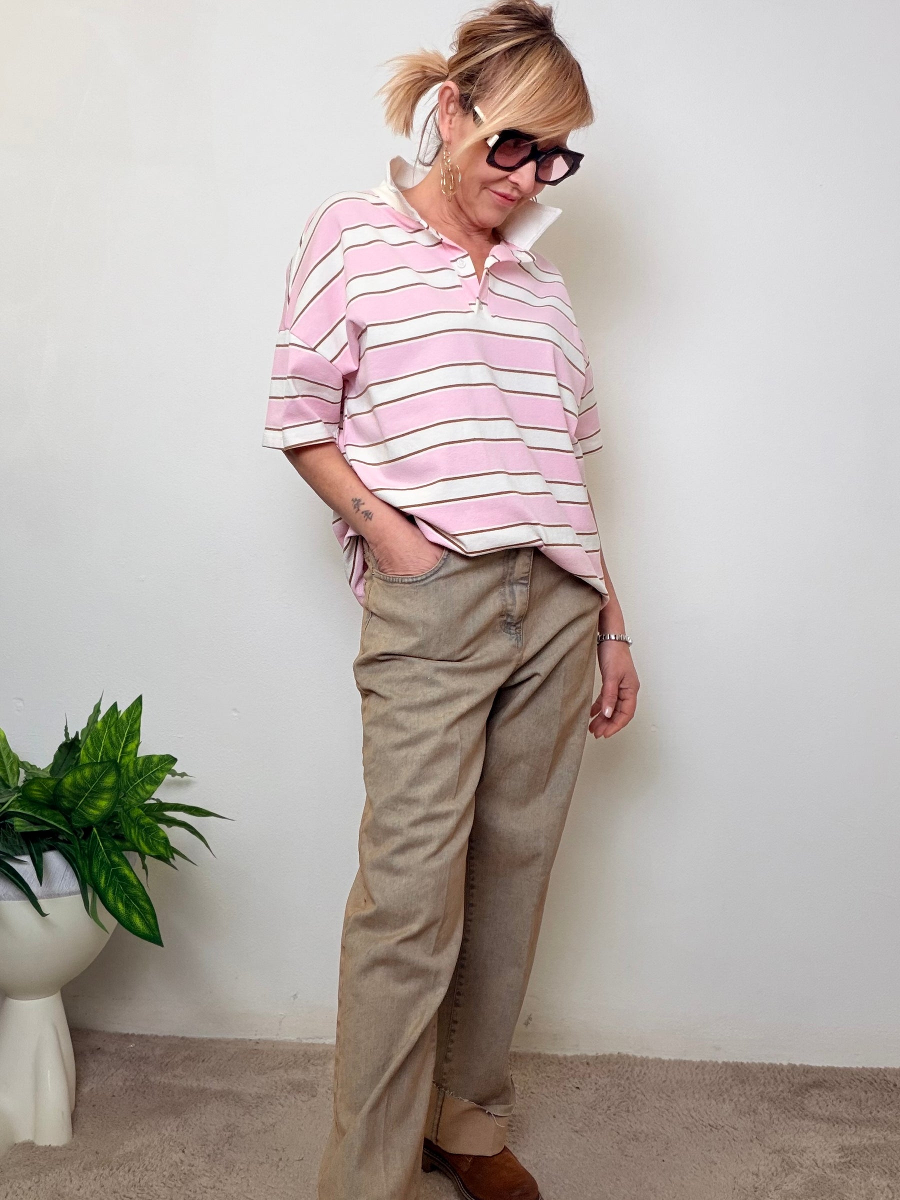 Jeans Beige a Gamba Dritta con Risvolto