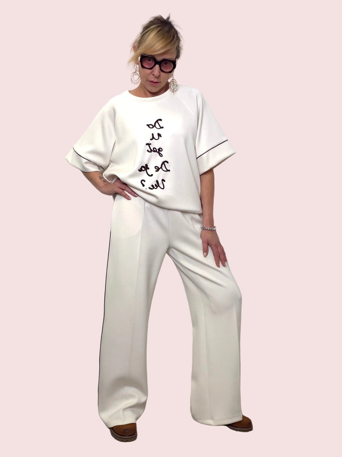 Pantaloni Palazzo Bianchi in Modal con Dettagli a Contrasto