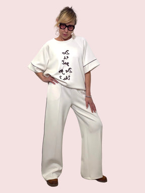 Pantaloni Palazzo Bianchi in Modal con Dettagli a Contrasto