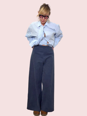 Pantaloni Palazzo Blu Navy in Canvas 100% Cotone