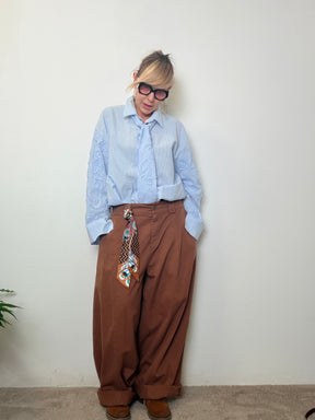 Pantaloni Palazzo Oversize Marroni in Cotone con Foulard Etnico