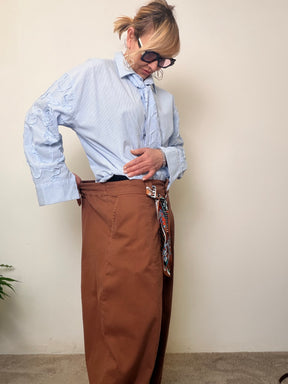 Pantaloni Palazzo Oversize Marroni in Cotone con Foulard Etnico