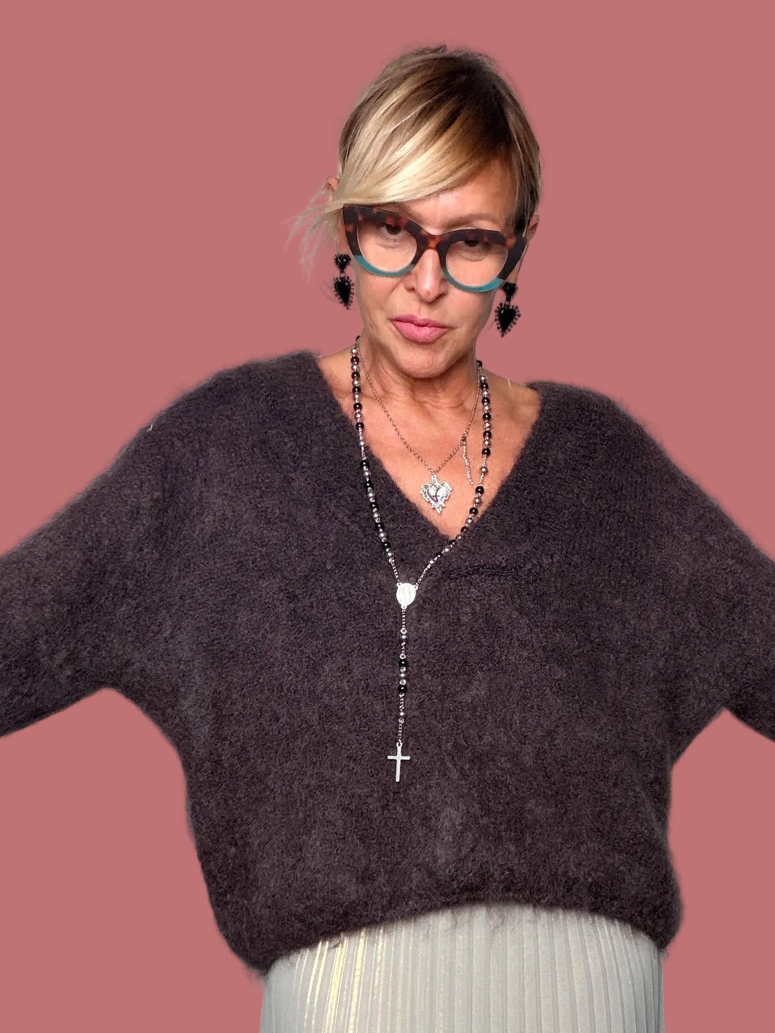 Maglia Souvenir con scollo a V, moro e panna