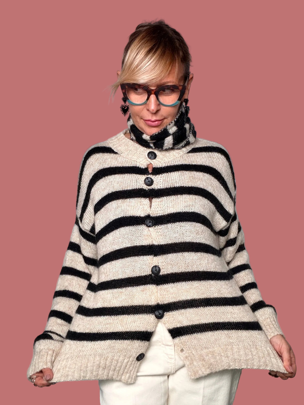 Cardigan Philia Loft panna e nero a righe con bottoni e fondo a coste