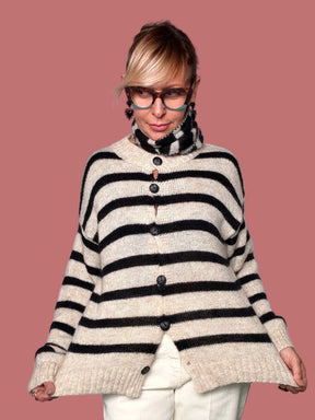 Cardigan Philia Loft panna e nero a righe con bottoni e fondo a coste