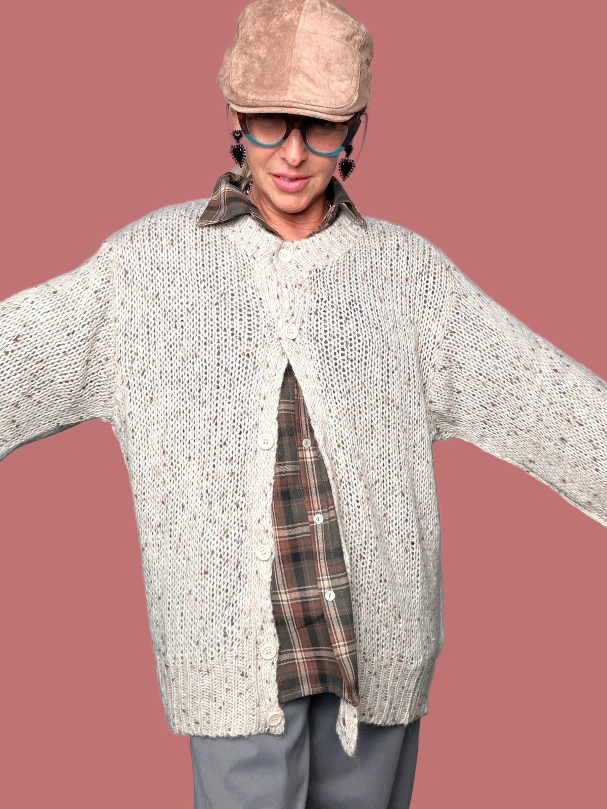Cardigan mélange Deja Vu panna e verde bottiglia con bottoni