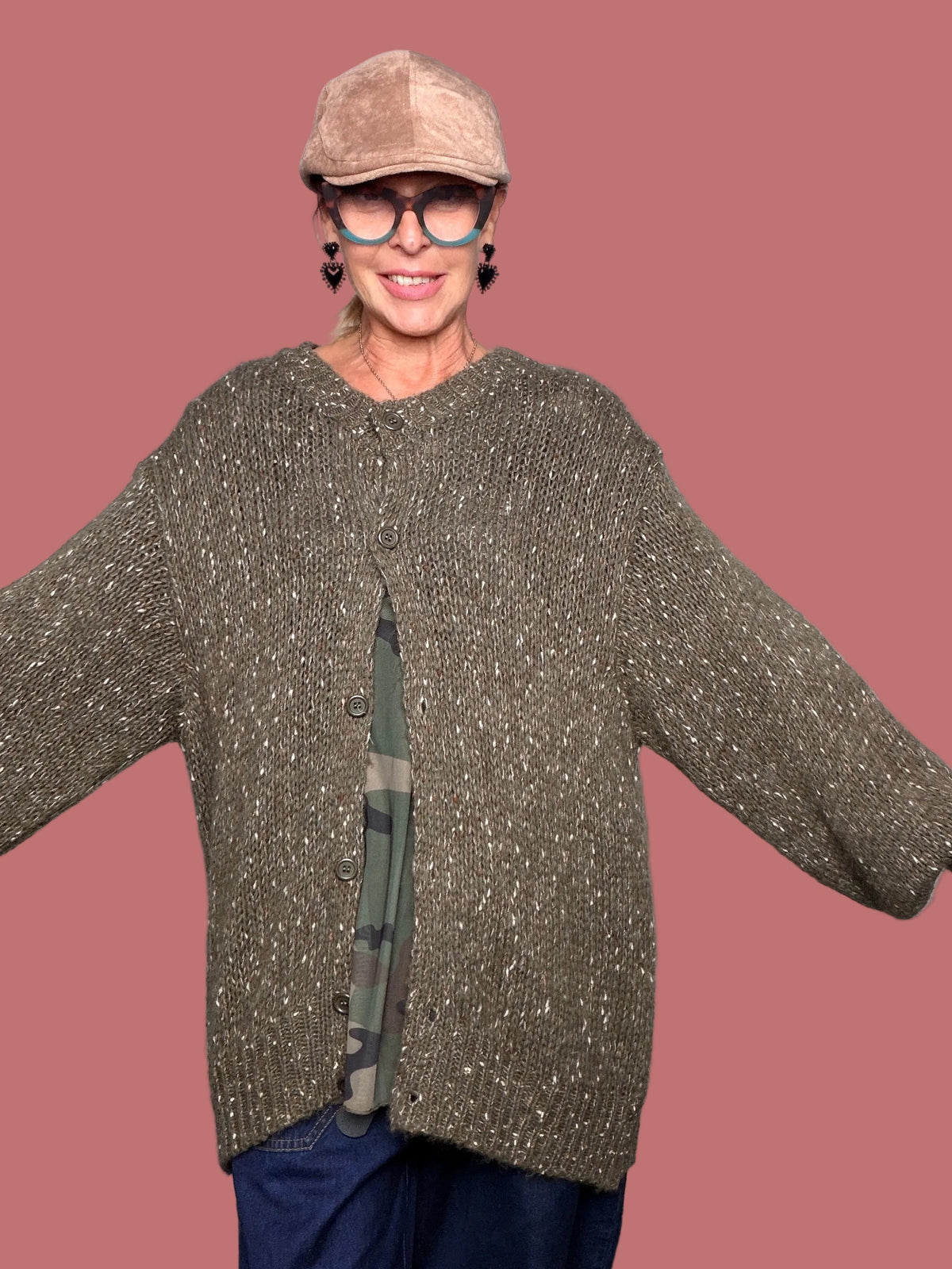 Cardigan mélange Deja Vu panna e verde bottiglia con bottoni