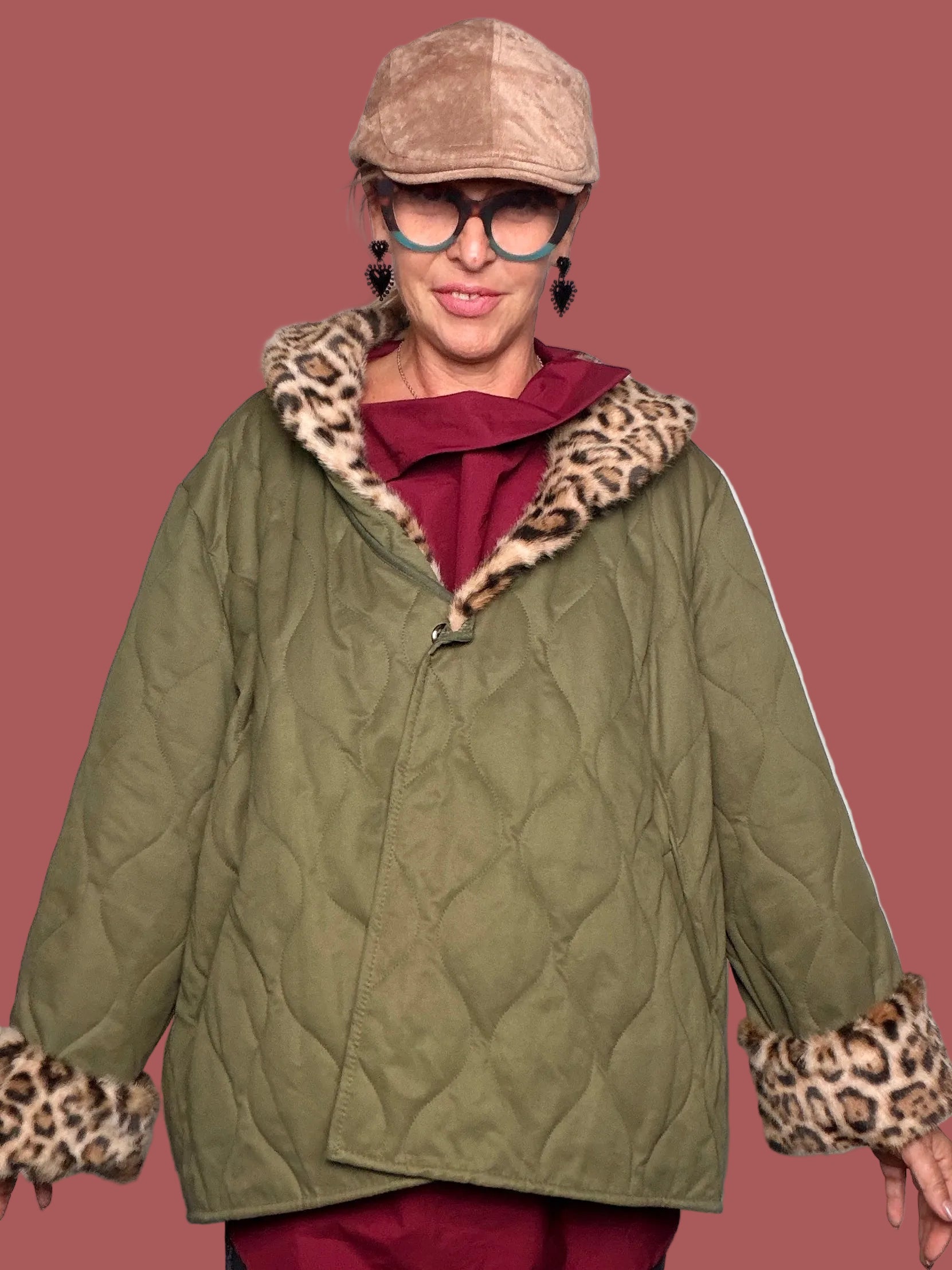 Giacca trapuntata con collo in eco-pelliccia leopardata Flo&Poi