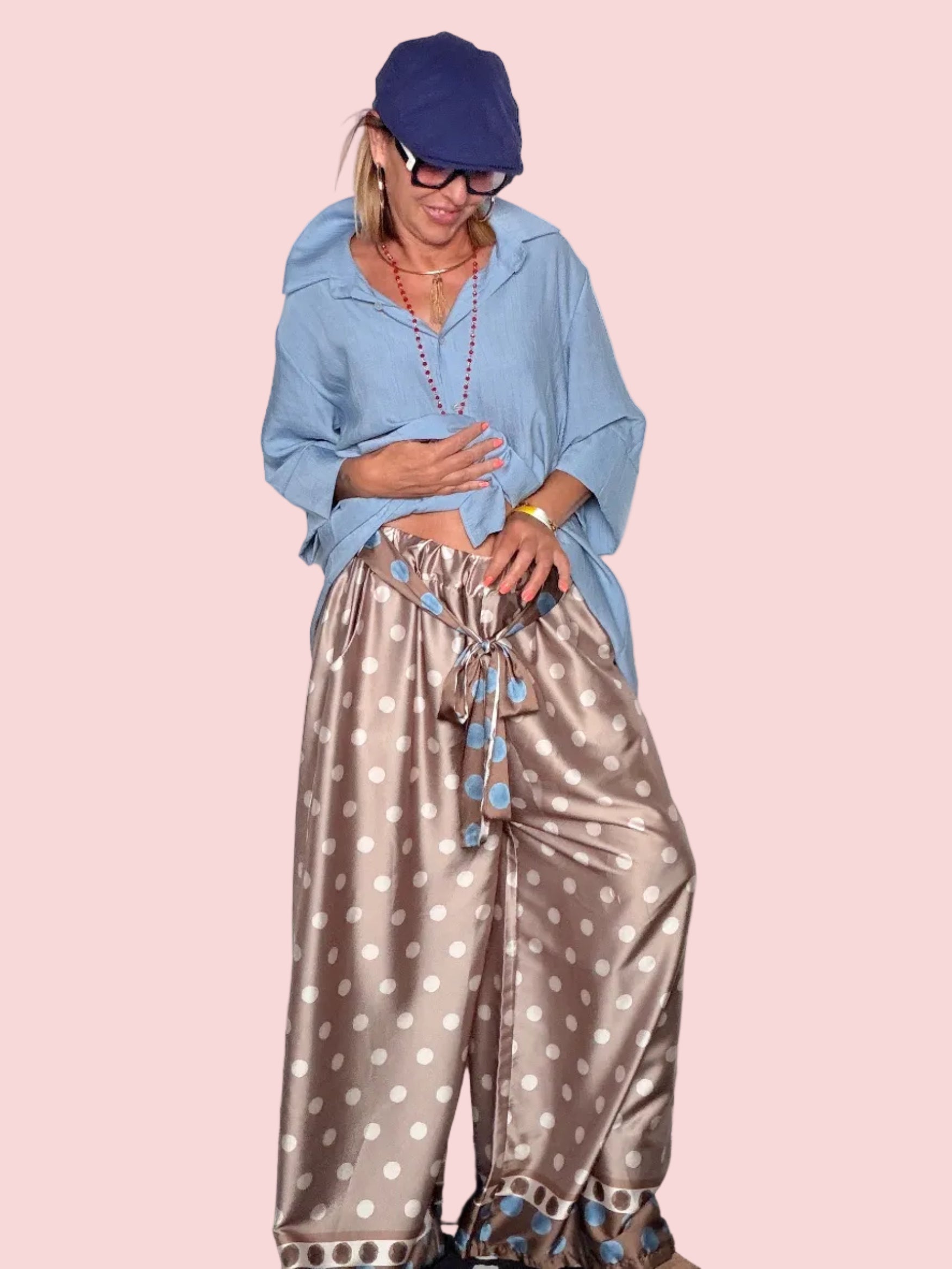 Pantaloni Palazzo a Pois in Raso – Cammello e Bordeaux
