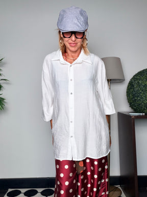 Pantaloni Palazzo a Pois in Raso – Cammello e Bordeaux