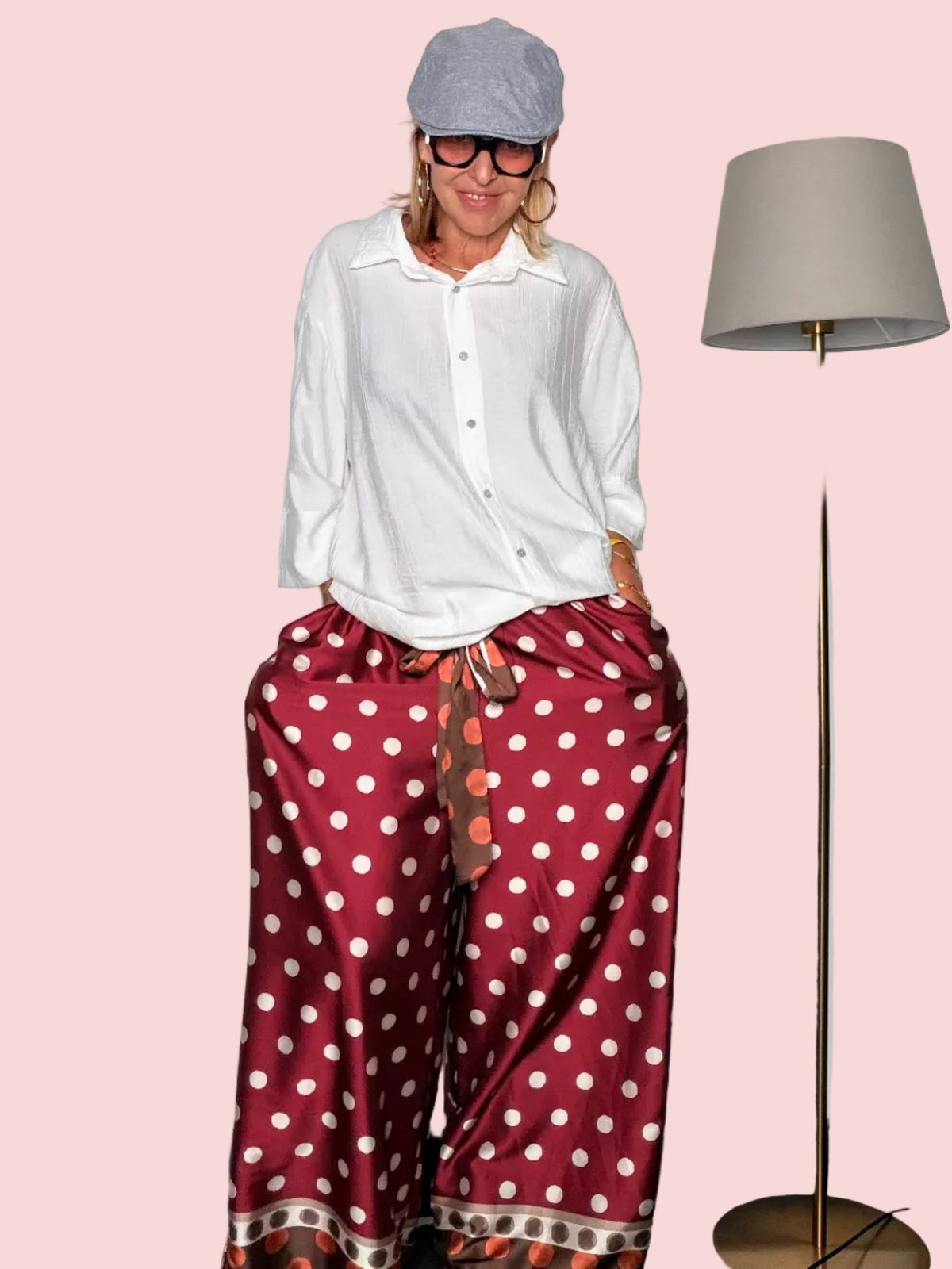 Pantaloni Palazzo a Pois in Raso – Cammello e Bordeaux