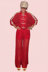 Pantalone Palazzo in Pizzo Floreale con Bande Sportive – Rosso e Blu Navy (Copia)