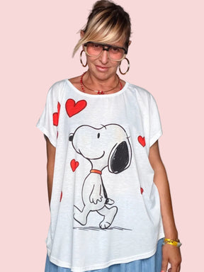 T-Shirt Oversize Stampa Cartoon con Cuori Rossi