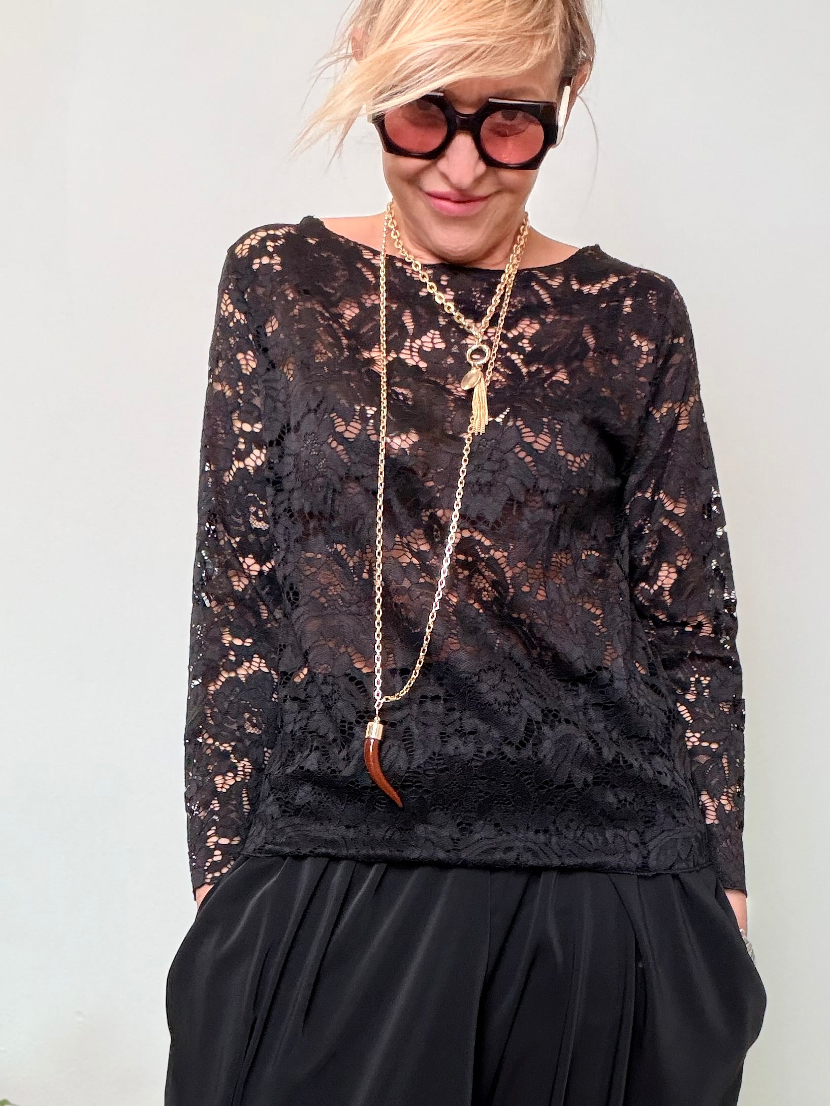 Maglia in Pizzo con Maniche Lunghe