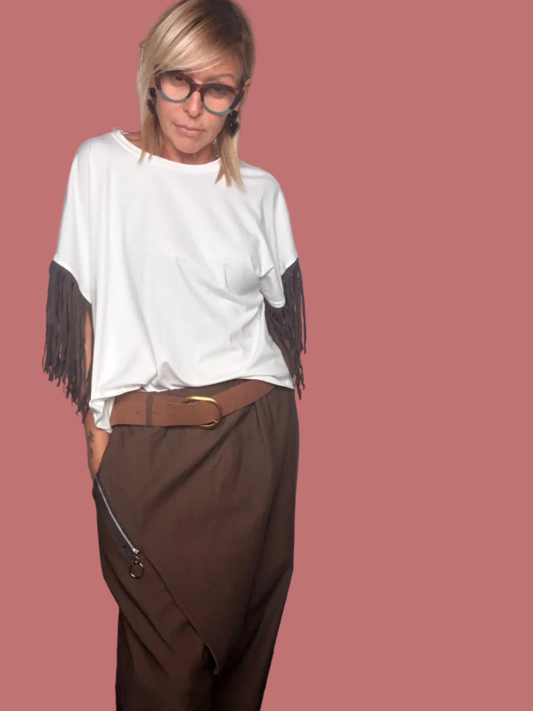 Pantalone over con drappeggio e zip diagonale