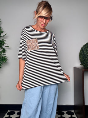 T-shirt Oversize a Righe con Tasca Glitter