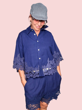 Completo Camicia e Shorts in Misto Lino con Pizzo Macramè