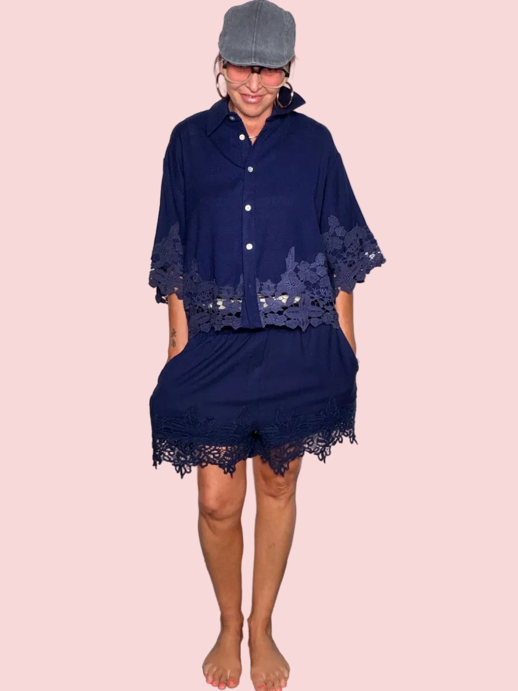 Completo Camicia e Shorts in Misto Lino con Pizzo Macramè