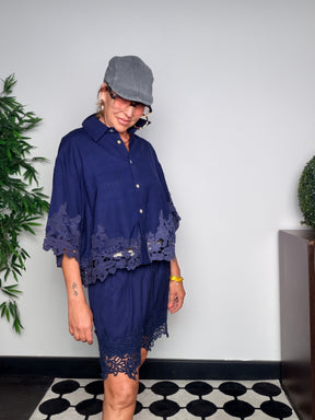 Completo Camicia e Shorts in Misto Lino con Pizzo Macramè