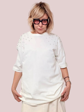 Maxi T-Shirt Bianca con Applicazioni Gioiello