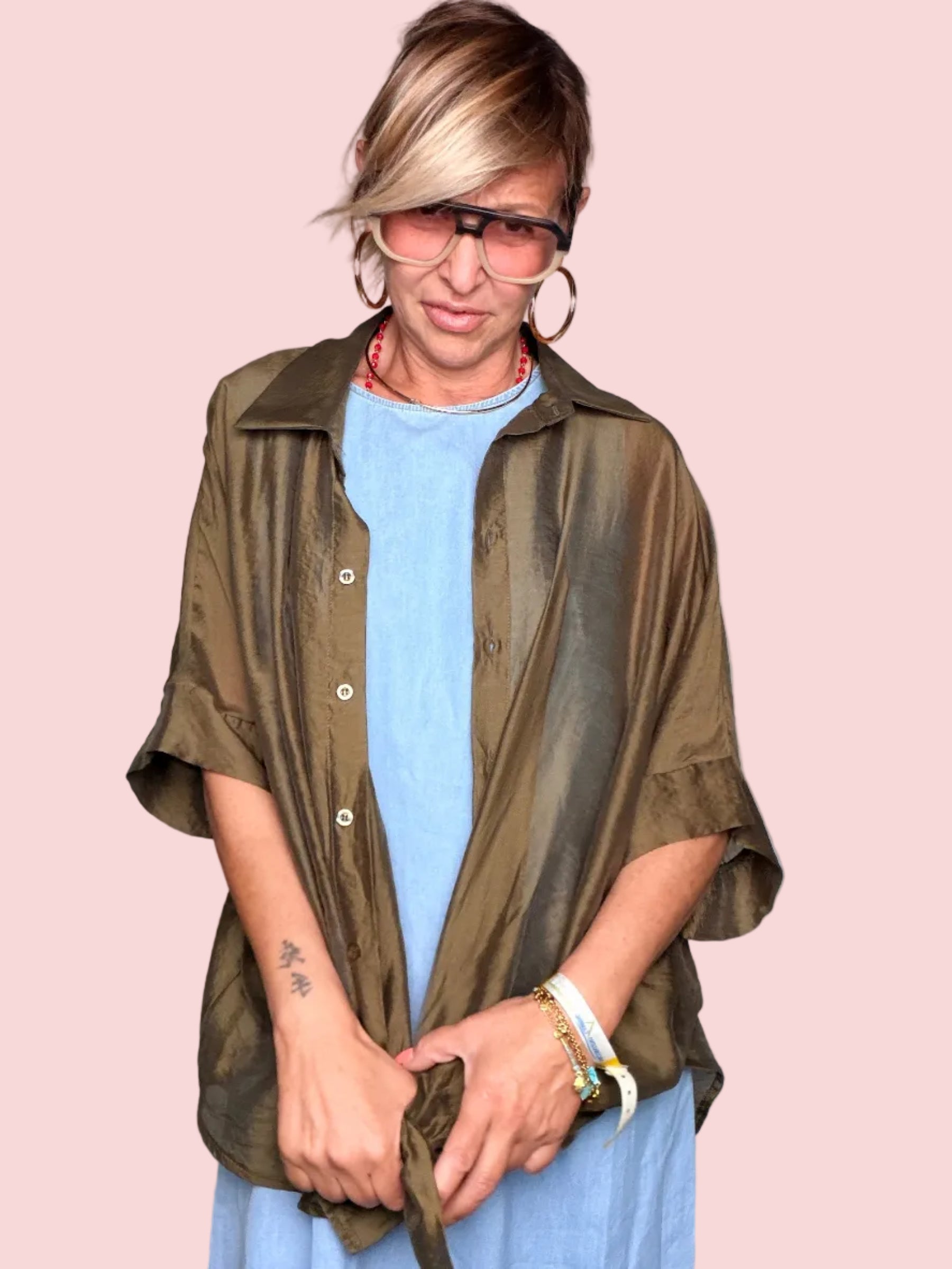 Camicia Oversize in Tencel Kaki