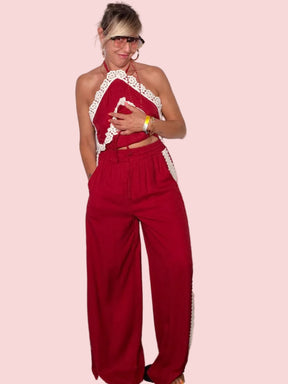 Pantalone Wide Leg Rosso con Banda in Crochet